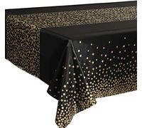 1 Nappe de fête noire et dorée jetable pour table rectangulaire, housse de table avec confettis à pois dorés pour fête de remise de diplôme, anniversaire, cocktail, 137 cm x 274 cm