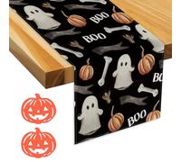 1 nappe imprimée, 2 dessous de verre citrouille, chemin de table d'Halloween, chemin de table à rayures, décoration de table de cuisine, nappe vintage, décoration de table de fête d'Halloween