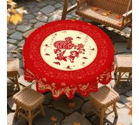 1 nappe ronde et rectangulaire à thème du Nouvel An chinois, disponible en différentes tailles, nappe décorative rouge avec motif de lion découpé en papier et cent bénédictions, avec bords gaufrés, Cj