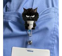 1 pack de porte-badge rétractable en forme de chat noir grincheux dans une tasse à thé - Design "Nope" facile à ouvrir | Pour infirmières, médecins, étudiants et infirmiers praticiens licenciés