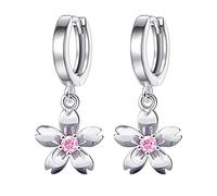 1 Pair Women's/Girls' Earrings Silver Hoop Earrings with Zirconia Glitter Flowers Cherry Blossom Studs Earrings for Wife/Girlfriend/Daughter, Silver, Cubic Zirconia