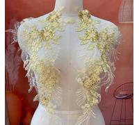 1 paire/2 pièces 3D Fleur Feuille Dentelle Tissu Paillettes Brodées Robe Appliques Col Maille Coudre Patch Pour Décoration De Mariage 23 cm * 43 cm-or-2 pièces