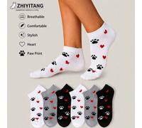 1 Paire/6 Paires de chaussettes courtes pour femmes au hasard, design mignon de cœur de dessin animé et d'empreinte de patte, chaussettes pour femmes créatives et personnalisées en noir, blanc et gris