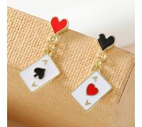 1 paire Boucles d'oreilles clous uniques et mignonnes en forme de cœur asymétriques pour femmes. Accessoires de bijoux avec pendentifs en forme d'as de cœur rouge et d'as de trèfle noir plaqués or. Id