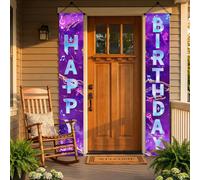1 paire de bannières de porche thème K-Pop "Happy Birthday", décoration murale en tissu de polyester avec galaxie violette, notes de musique, microphone néon et impression "Joyeux anniversaire", banni