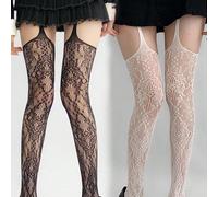 1 paire de bas résille floraux en dentelle pour femmes, collants sexy à motif ajouré et patchwork de mailles avec brides de porte-jarretelles Taille UniqueGéométrique,PlantesPolyamide