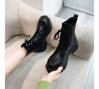 1 paire de bottes de combat à semelle épaisse et lacets noirs pour femmes, bottes mi-mollet à plateforme et bout rond pour un port quotidien CN35,CN36,CN37,CN38,CN39,CN40,CN41,CN42