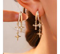 1 paire de boucles d'oreilles à franges double croix super brillantes, style vintage classique, boucles d'oreilles créoles en cuivre incrustées de zircone pour femmes, clips d'oreilles élégants et raf