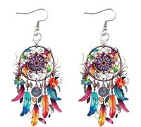 1 paire de boucles d'oreilles attrape-rêves, plumes acryliques légères, boucles d'oreilles attrape-rêves Boho avec design Web floral vintage pour femmes et filles