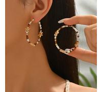 1 paire de boucles d'oreilles créoles bohèmes romantiques faites à la main avec des perles de rocaille, design mode pour femmes avec décoration d'étoile de mer sur le thème de l'océan, bijoux dorés, c