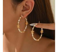 1 paire de boucles d'oreilles créoles bohèmes romantiques faites main avec perles de rocaille, design mode pour femmes avec décoration d'étoile de mer inspirée de l'océan, bijoux dorés, convient pour