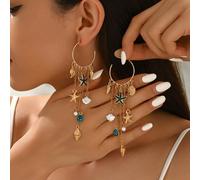 1 paire de boucles d'oreilles créoles pour femmes, style océan d'été. Boucles d'oreilles pendantes longues avec étoile de mer émaillée bleue rétro bohème, faux perle, coquillage et pompon. Bijoux élég
