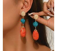 1 paire de boucles d'oreilles élégantes et bohèmes à tige dorée avec pendentif en faux turquoise à motif d'encre de marbre à ondulations d'eau, boucles d'oreilles à pendentif en bloc de plastique mult