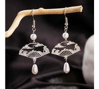 1 paire de boucles d'oreilles en forme d'éventail, argent chinois avec perle, design vintage floral creux et doux pour femmes Taille UniquePMMA