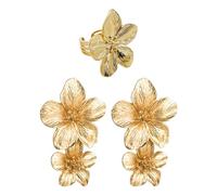 1 paire de boucles d'oreilles longues fleurs en or, 1 bague fleur, boucles d'oreilles fleur en or, grandes boucles d'oreilles en or, boucles d'oreilles en or pour femme