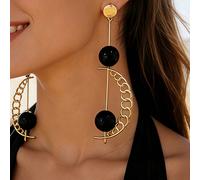 1 paire de boucles d'oreilles longues polyvalentes de style rétro minimaliste, avec un design géométrique en demi-cercle creux en alliage rotatif avec un pendentif boule noire. Convient pour un port q