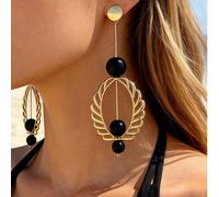 1 paire de boucles d'oreilles longues polyvalentes de style rétro minimaliste, de forme géométrique elliptique creuse avec un design rotatif et un pendentif boule noire. Convient pour un port quotidie