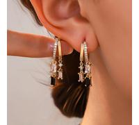 1 paire de boucles d'oreilles pendantes à franges en métal plaqué or, style vintage européen, avec diamant rose trapèze et zircone noire & blanche, pour femmes, convient pour le port quotidien, le tra