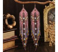 1 paire de boucles d'oreilles pendantes à la mode pour femmes, vintage avec perles de rocaille rose, marron et jaune, motif géométrique losangique rétro, pendentifs à longues franges dégradées, avec a