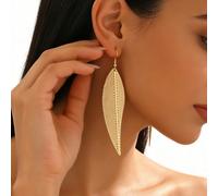 1 paire de boucles d'oreilles pendantes minimalistes personnalisées en métal en forme de feuille et de plume pour femmes, boucles d'oreilles à motif de ligne texturée en feuille d'or Alliage de zinc