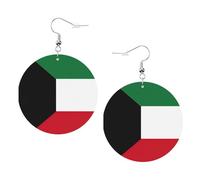 1 paire de boucles d'oreilles rondes avec drapeau du Koweït imprimé pour femme, en cuir léger, bijoux tendance, cadeaux pour femmes et filles, One Size, Polyester