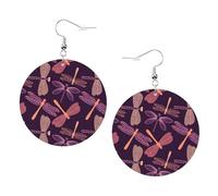 1 paire de boucles d'oreilles rondes en cuir léger avec imprimé libellule violette pour femmes et filles, One Size, Polyester