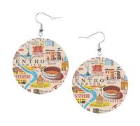 1 paire de boucles d'oreilles rondes en cuir léger avec motif carte de Rome avec monuments Illus imprimés pour femmes et filles, One Size, Polyester