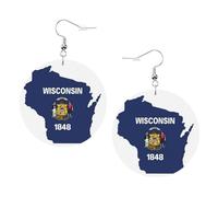 1 paire de boucles d'oreilles rondes en cuir léger avec motif carte du drapeau de l'État du Wisconsin - Cadeau tendance pour femmes et filles, One Size, Polyester