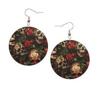1 paire de boucles d'oreilles rondes en cuir léger avec motif tête de mort et rose rouge pour femme et fille