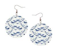 1 paire de boucles d'oreilles rondes en cuir léger imprimé baleine bleue pour femme, cadeau tendance pour femmes et filles, One Size, Polyester