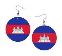 1 paire de boucles d'oreilles rondes en cuir léger imprimé drapeau du Cambodge pour femme, cadeau tendance pour femmes et filles, One Size, Polyester