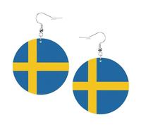 1 paire de boucles d'oreilles rondes en cuir léger imprimé drapeau suédois pour femmes et filles, One Size, Polyester