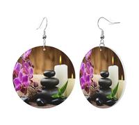 1 paire de boucles d'oreilles rondes en cuir pour femme avec impression de pierres zen, crochets de boucles d'oreilles en cuir, adaptées pour les fêtes et le quotidien, taille unique