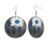 1 paire de boucles d'oreilles rondes en cuir pour femme avec motif marguerites blanches et bleues, adaptées pour les fêtes au quotidien, taille unique