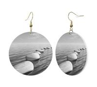 1 paire de boucles d'oreilles rondes en cuir pour femme avec pierres zen grises imprimées d'images - Crochets de boucles d'oreilles en cuir - Convient pour les fêtes au quotidien