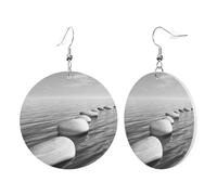 1 paire de boucles d'oreilles rondes en cuir pour femme avec pierres zen grises imprimées d'images - Crochets de boucles d'oreilles en cuir - Convient pour les fêtes au quotidien, taille unique