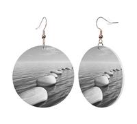 1 paire de boucles d'oreilles rondes en cuir pour femme avec pierres zen grises imprimées d'images - Crochets de boucles d'oreilles en cuir - Convient pour les fêtes au quotidien, taille unique
