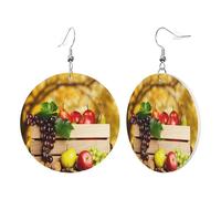1 paire de boucles d'oreilles rondes en cuir pour femme - Motif feuilles rouges et fruits - Crochets de boucles d'oreilles en cuir - Convient pour les fêtes et le quotidien, taille unique