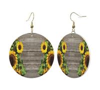 1 paire de boucles d'oreilles rondes en cuir pour femme, motif tournesols, planche en bois, crochets de boucles d'oreilles en cuir, adaptées pour les fêtes au quotidien, taille unique