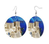 1 paire de boucles d'oreilles rondes en cuir pour femme Santorin île grecque vue sur la mer, crochets de boucles d'oreilles en cuir pour fête, usage quotidien, taille unique