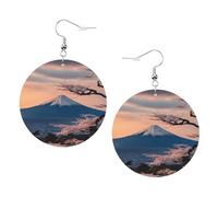 1 paire de boucles d'oreilles rondes imprimées avec paysage japonais Mount Fuji pour femme, 1 paire de boucles d'oreilles percées en cuir léger, bijoux tendance, cadeaux pour femmes et filles, One
