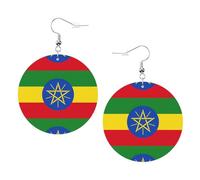1 paire de boucles d'oreilles rondes imprimées drapeau de l'Éthiopie pour femmes, 1 paire de boucles d'oreilles percées en cuir léger, bijoux tendance, cadeaux pour femmes et filles, One Size
