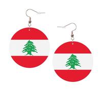 1 paire de boucles d'oreilles rondes imprimées drapeau du Liban pour femmes, boucles d'oreilles légères en cuir, bijoux tendance, cadeaux pour femmes et filles, One Size, Polyester