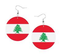 1 paire de boucles d'oreilles rondes imprimées drapeau du Liban pour femmes, boucles d'oreilles légères en cuir, bijoux tendance, cadeaux pour femmes et filles, One Size, Polyester