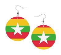 1 paire de boucles d'oreilles rondes imprimées drapeau du Myanmar pour femmes, boucles d'oreilles légères en cuir, bijoux tendance, cadeaux pour femmes et filles, One Size, Polyester