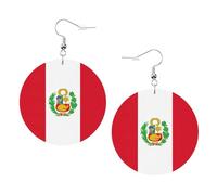 1 paire de boucles d'oreilles rondes imprimées drapeau du Pérou pour femme, en cuir léger, bijoux tendance, cadeaux pour femmes et filles, One Size, Polyester