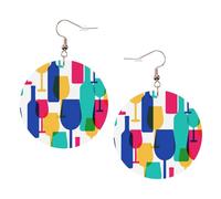 1 paire de boucles d'oreilles rondes imprimées en forme de verres à cocktail et bouteilles de vin pour femmes, 1 paire de boucles d'oreilles percées en cuir léger, bijoux tendance, cadeaux pour femmes