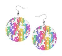 1 paire de boucles d'oreilles rondes imprimées licornes sur rayures pour femme, 1 paire de boucles d'oreilles percées en cuir léger, bijoux tendance, cadeaux pour femmes et filles, One Size, Polyester