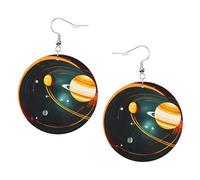 1 paire de boucles d'oreilles rondes Jupiter Saturne avec système solaire pour femmes, boucles d'oreilles percées en cuir léger, bijoux tendance, cadeaux pour femmes et filles, One Size, Polyester