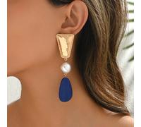 1 paire de boucles d'oreilles sexy exagérées bohèmes baroques avec perles fausses en métal et bloc en plastique ABS, pendentif à franges en résine bleue, trapèze doré, clou en losange doré, clou ovale